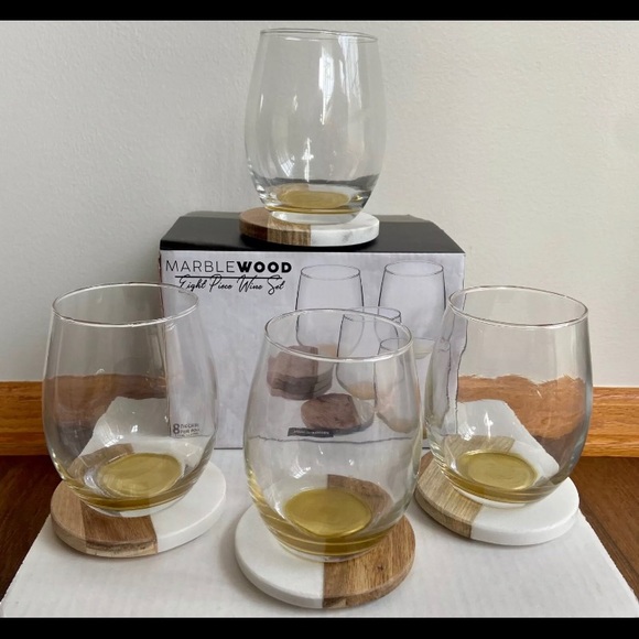 Marblewood Kitchen WINE GLASSES And COASTERS Set of 8 Marble and Wood Coaster - Picture 4 of 4